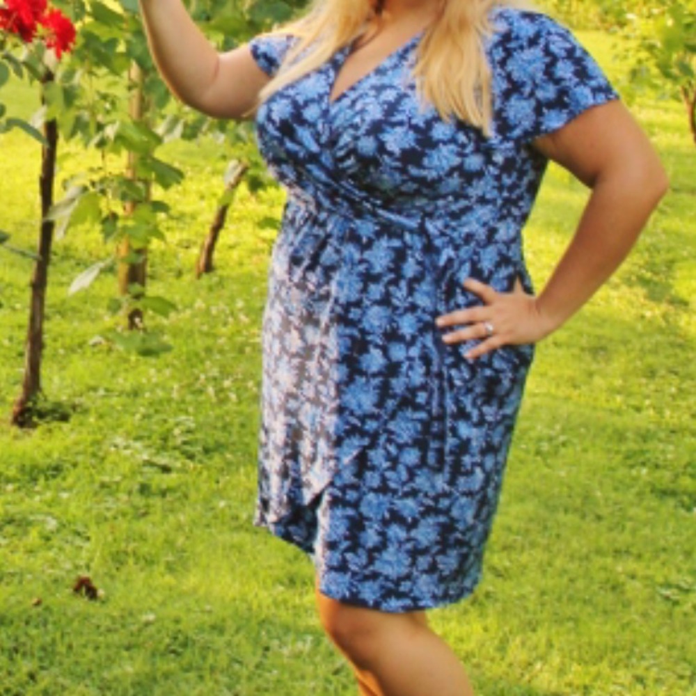 Stretch Blue Floral Faux Wrap Dress